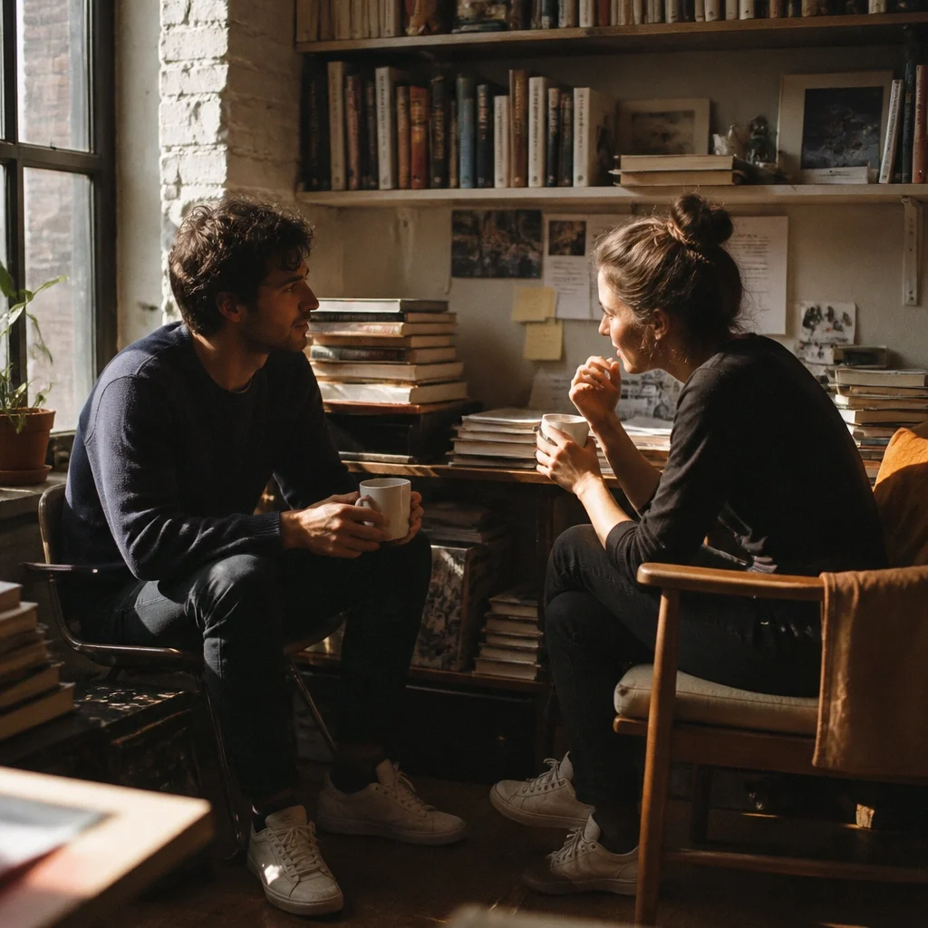 Two colleagues having a deep, authentic conversation in a sunlit corner of an office.