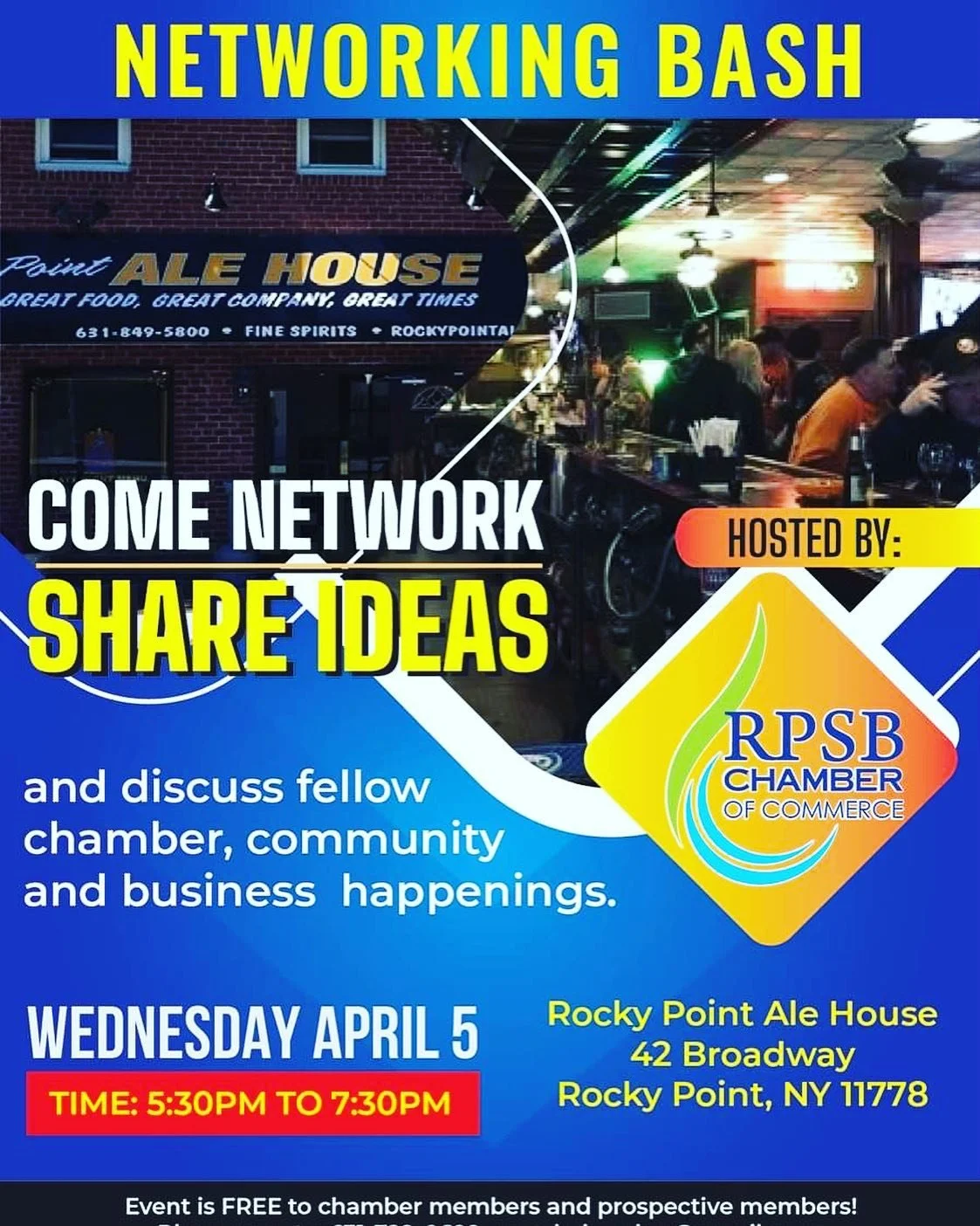 Meet us at the Rocky Point Ale House in Rocky Point for a networking event on Wednesday, April 5th from 5:30 pm to 7:30pm!

All are welcome so invite a business associate! This event is FREE to chamber members and prospective members! No cover charge