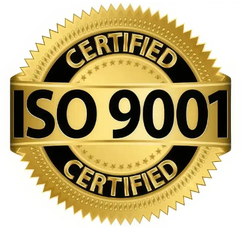 Gold and black ISO 9001 certified badge with circular design and star accents.