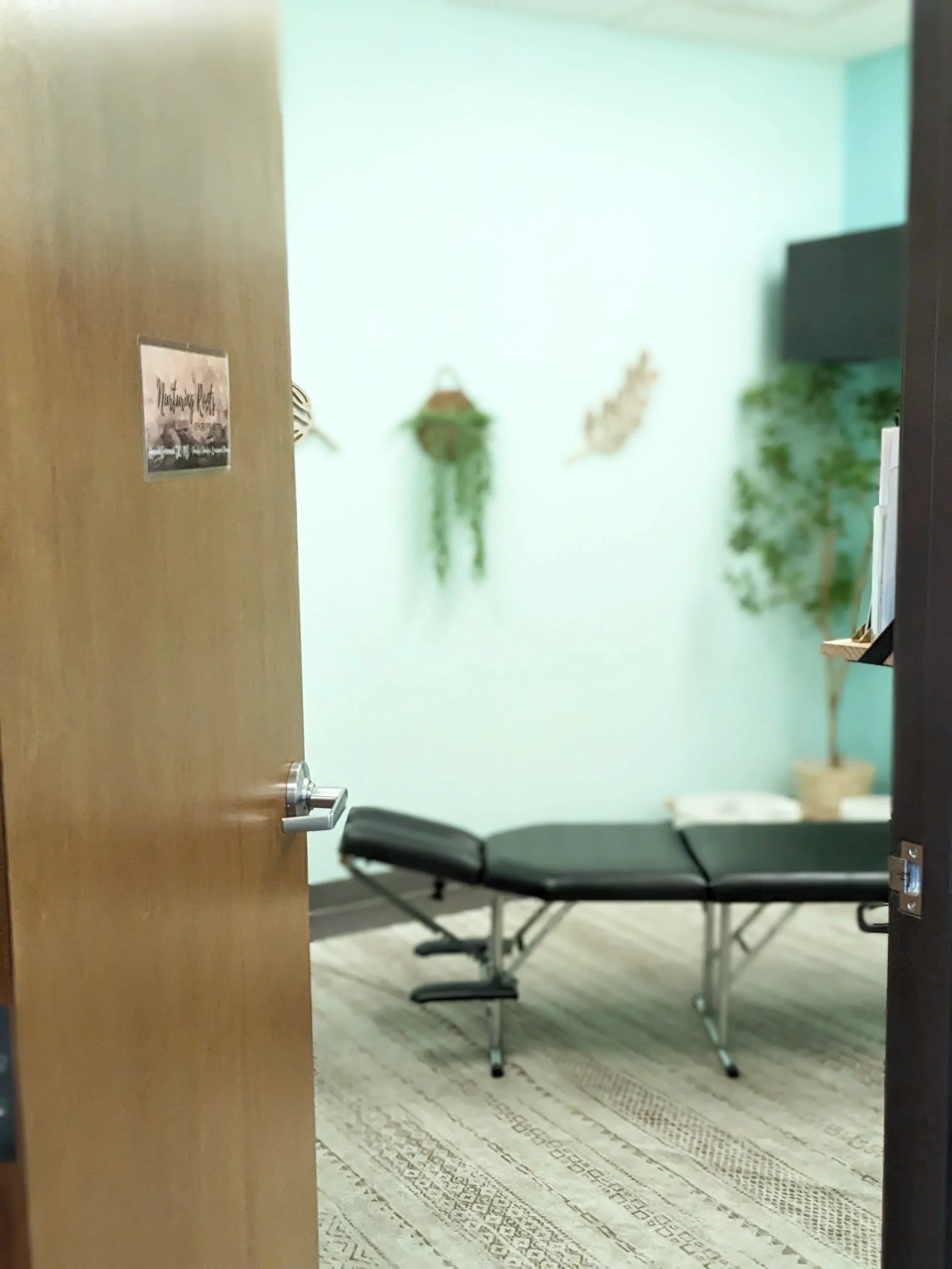 View of a medical examination room through an open wooden door featuring a black examination table, potted plants on the wall, and a patterned rug on the floor.
