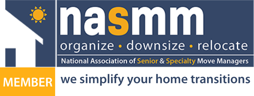 Logo for the National Association of Senior & Specialty Move Managers (NASMM), with the words 'organize, downsize, relocate' and a yellow sun icon.