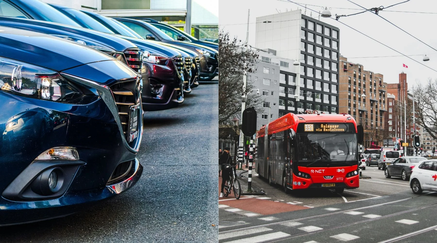 Split image showing a row of rental cars beside a city bus on a busy street, illustrating the cost comparison between rental cars and public transit for travelers.