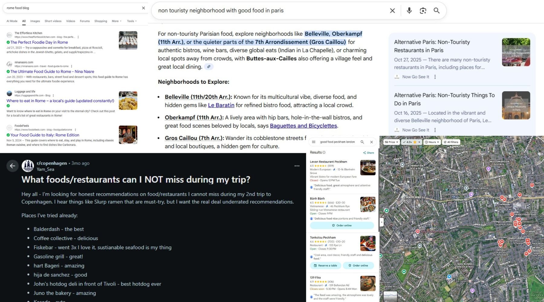 Composite screenshot showing food blog search results, neighborhood recommendations, Reddit restaurant advice, and a map view for finding good local dining while traveling.