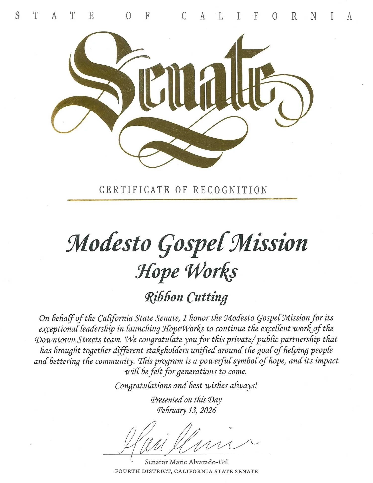 Certificate of recognition awarded to Modesto Gospel Mission Hope Works for ribbon cutting, signed by Senator Marie Alvarado-Gil, dated February 13, 2026.