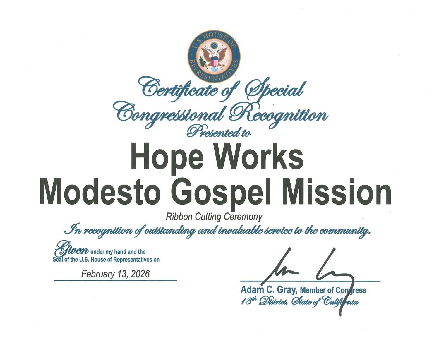 Certificate of special congressional recognition awarded to Hope Works Modesto Gospel Mission, presented by U.S. House of Representatives, signed by Adam C. Gray, dated February 13, 2026.
