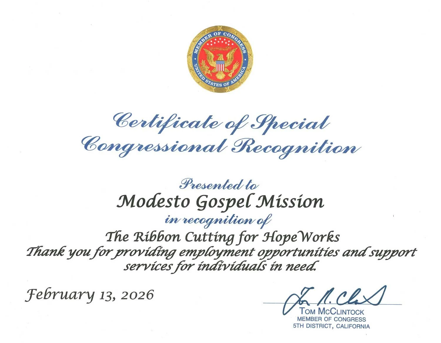 Certificate of Special Congressional Recognition awarded to Modesto Gospel Mission, presented by Tom McClintock, dated February 13, 2026, with a U.S. Congress emblem at the top.