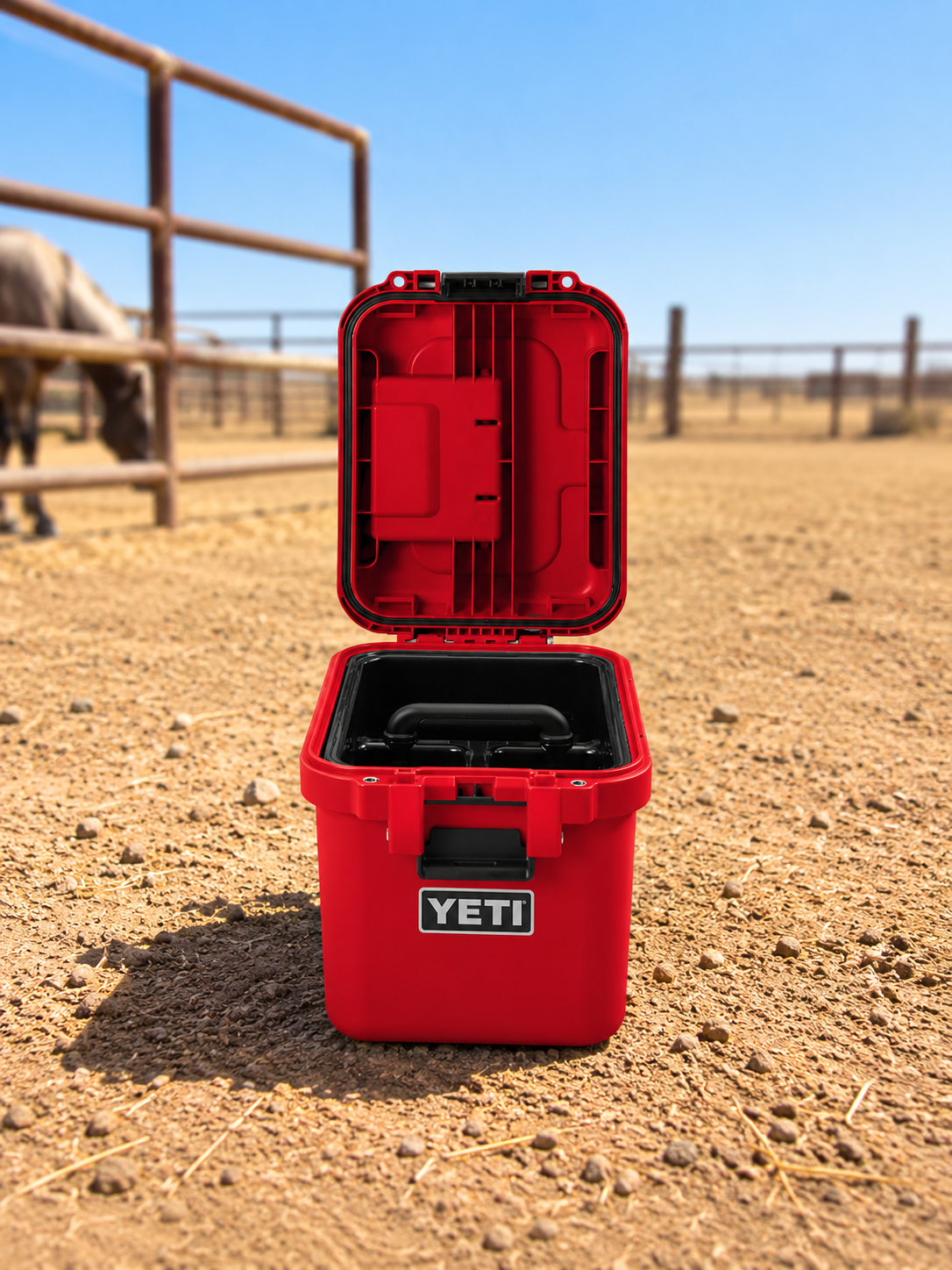 Red YETI Cooler in Sunlit Ranch Corral.png
