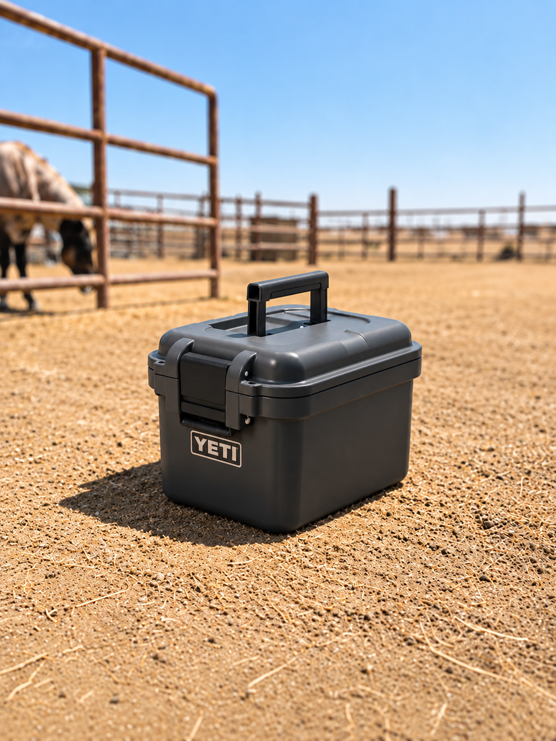 YETI Cooler in a Sunlit Ranch Paddock.png