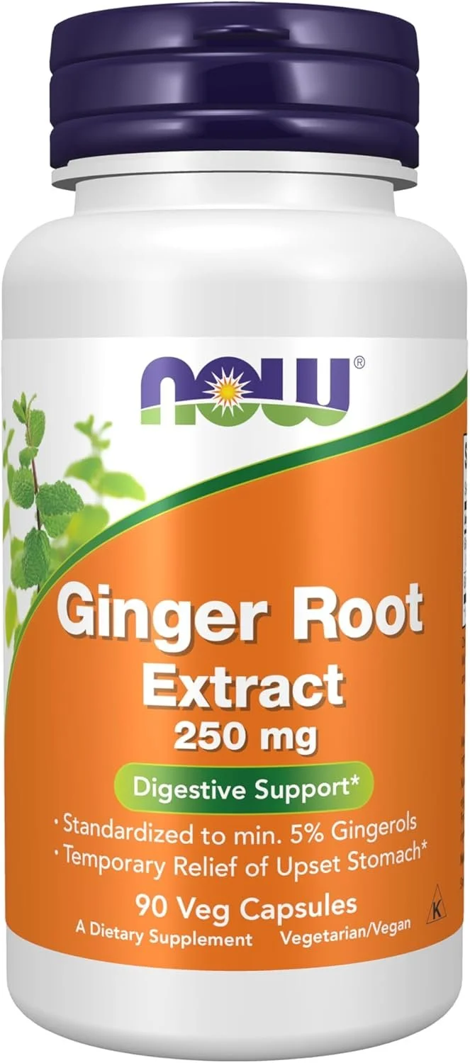 Bottle of NOW Ginger Root Extract supplement to support digestion and reduce nausea.