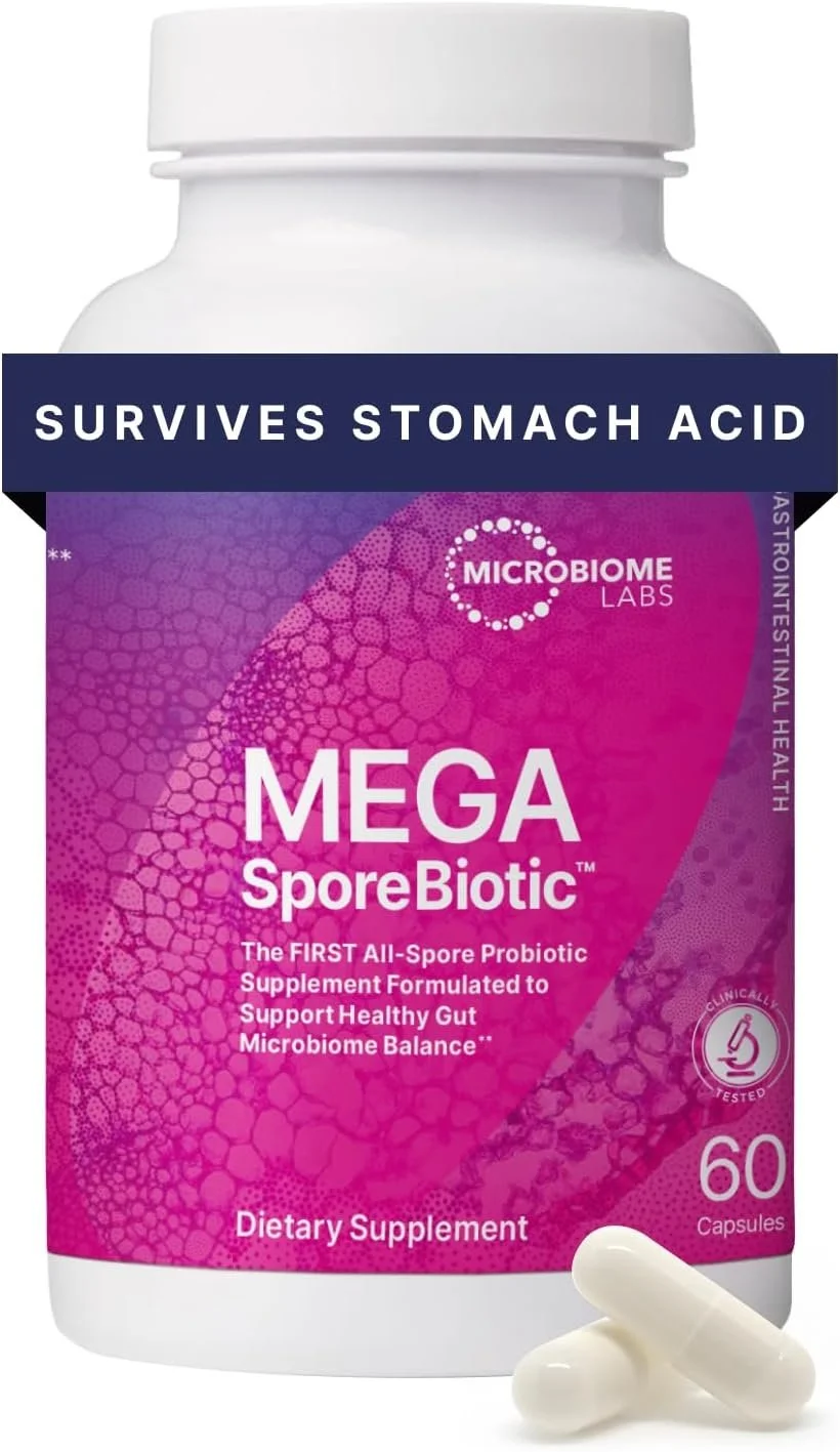 Bottle of Mega SporeBiotic probiotic supplement designed to survive stomach acid and support gut balance.