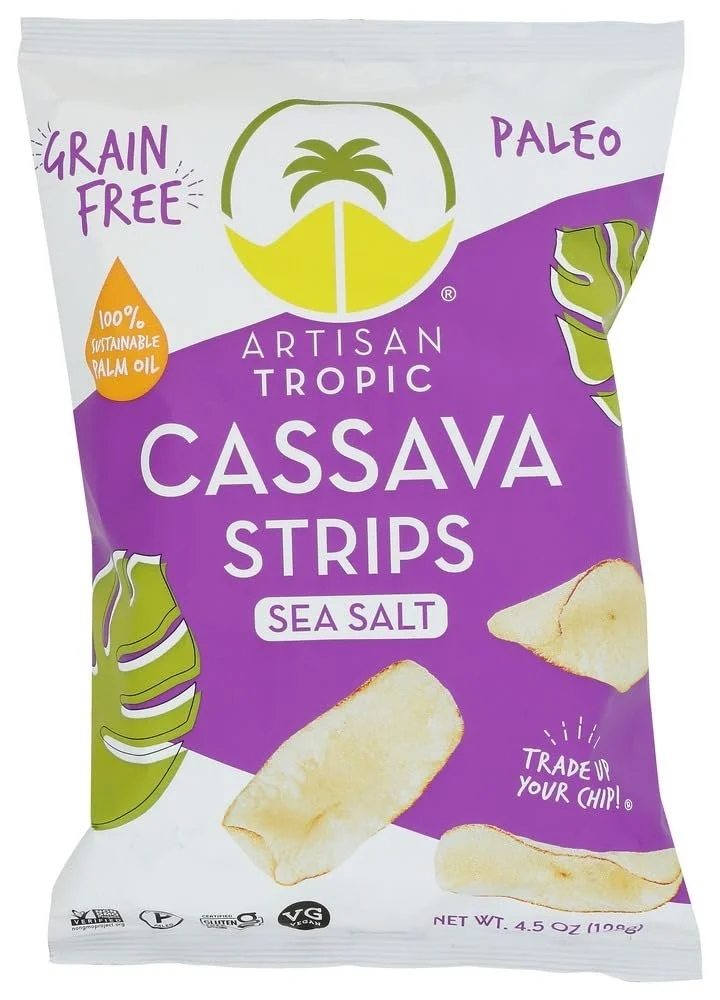 Bag of Artisan Tropic Cassava Strips Sea Salt, grain-free paleo snack made with cassava.