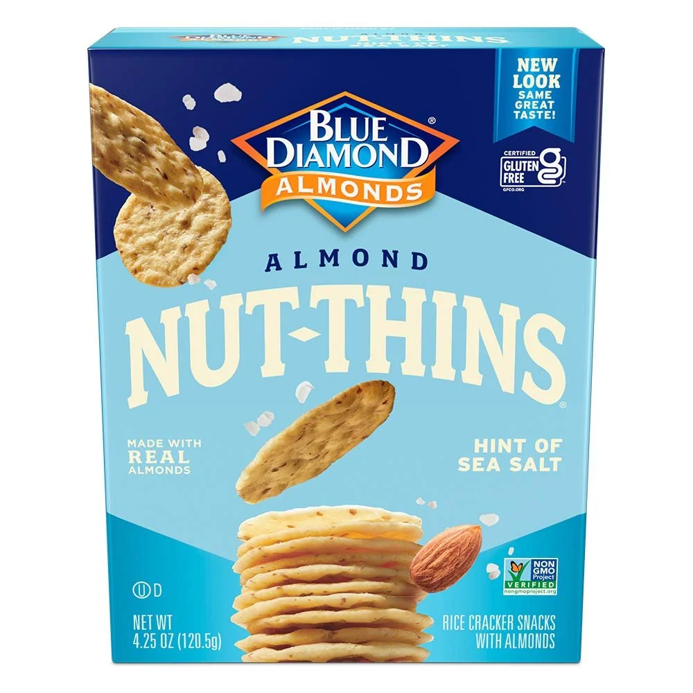 Box of Blue Diamond Almond Nut-Thins Hint of Sea Salt crackers, gluten-free almond flour crackers.