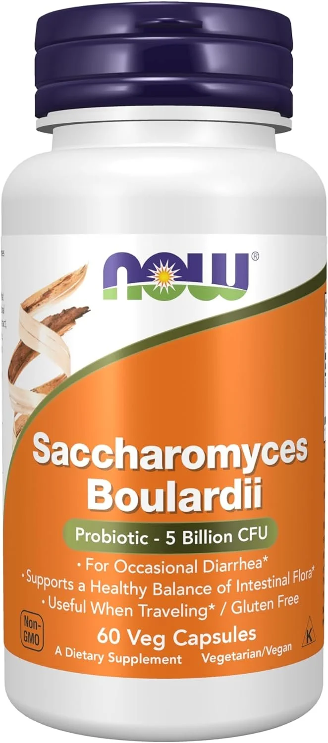 Bottle of NOW Saccharomyces Boulardii probiotic supplement for digestive and gut support.