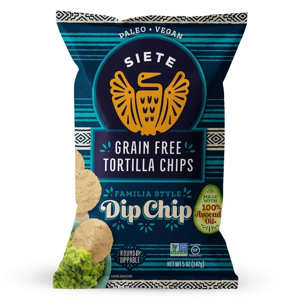 Bag of Siete Grain-Free Tortilla Dip Chips, gluten-free cassava flour chips for dipping.