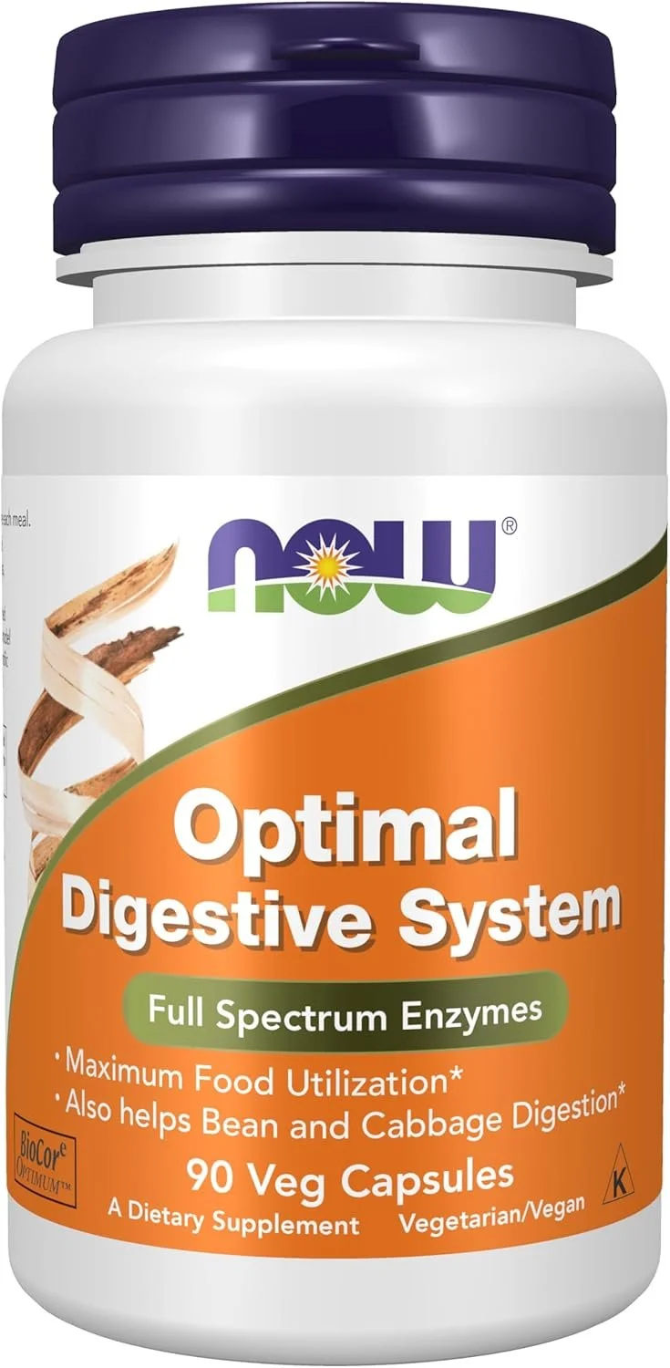 Bottle of NOW Full Spectrum Digestive Enzymes supplement to support digestion of meals.
