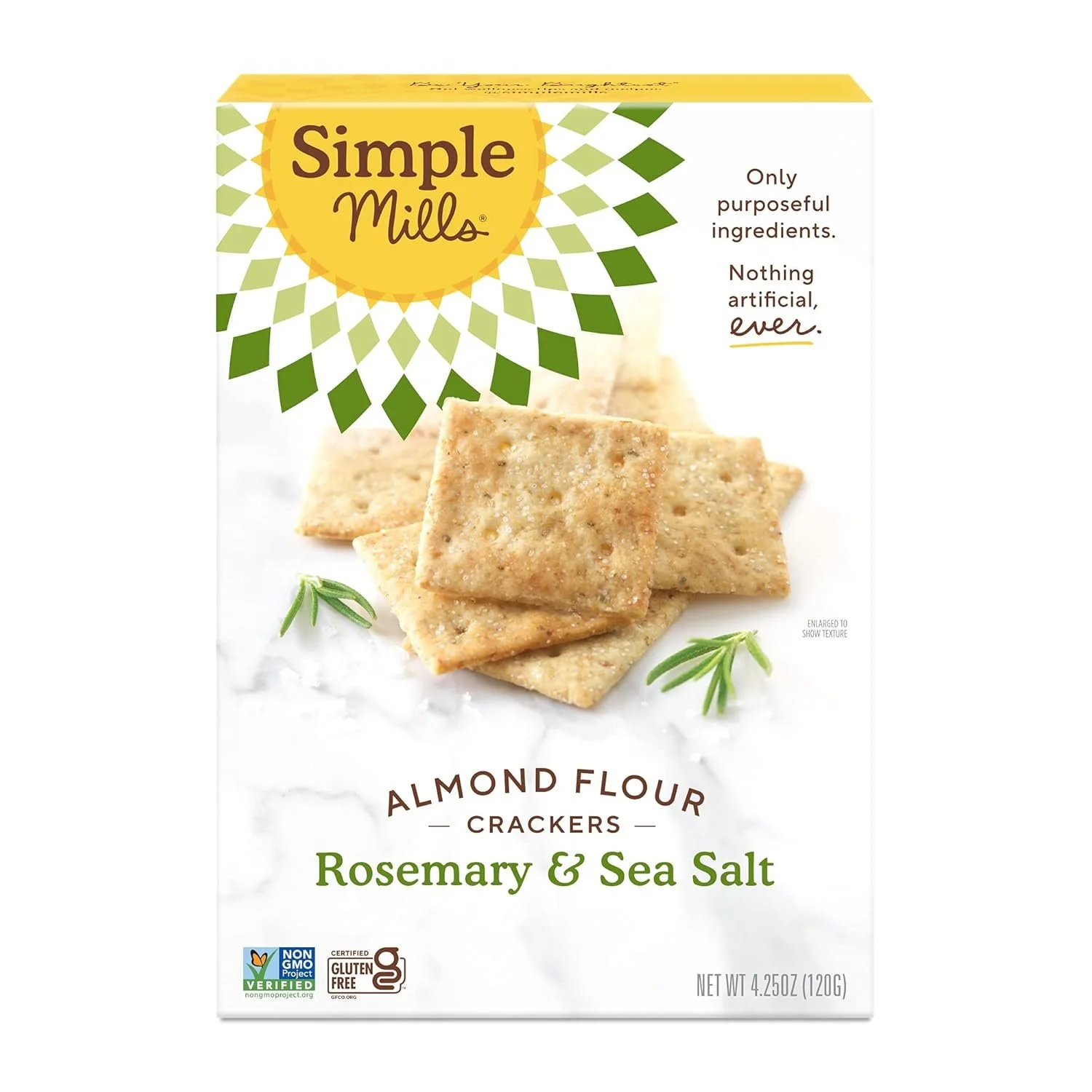 Box of Simple Mills Almond Flour Rosemary & Sea Salt Crackers, gluten-free and grain-free.