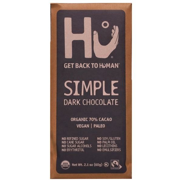 Bar of Hu Kitchen Simple Dark Chocolate, paleo-friendly dark chocolate made with organic cacao.