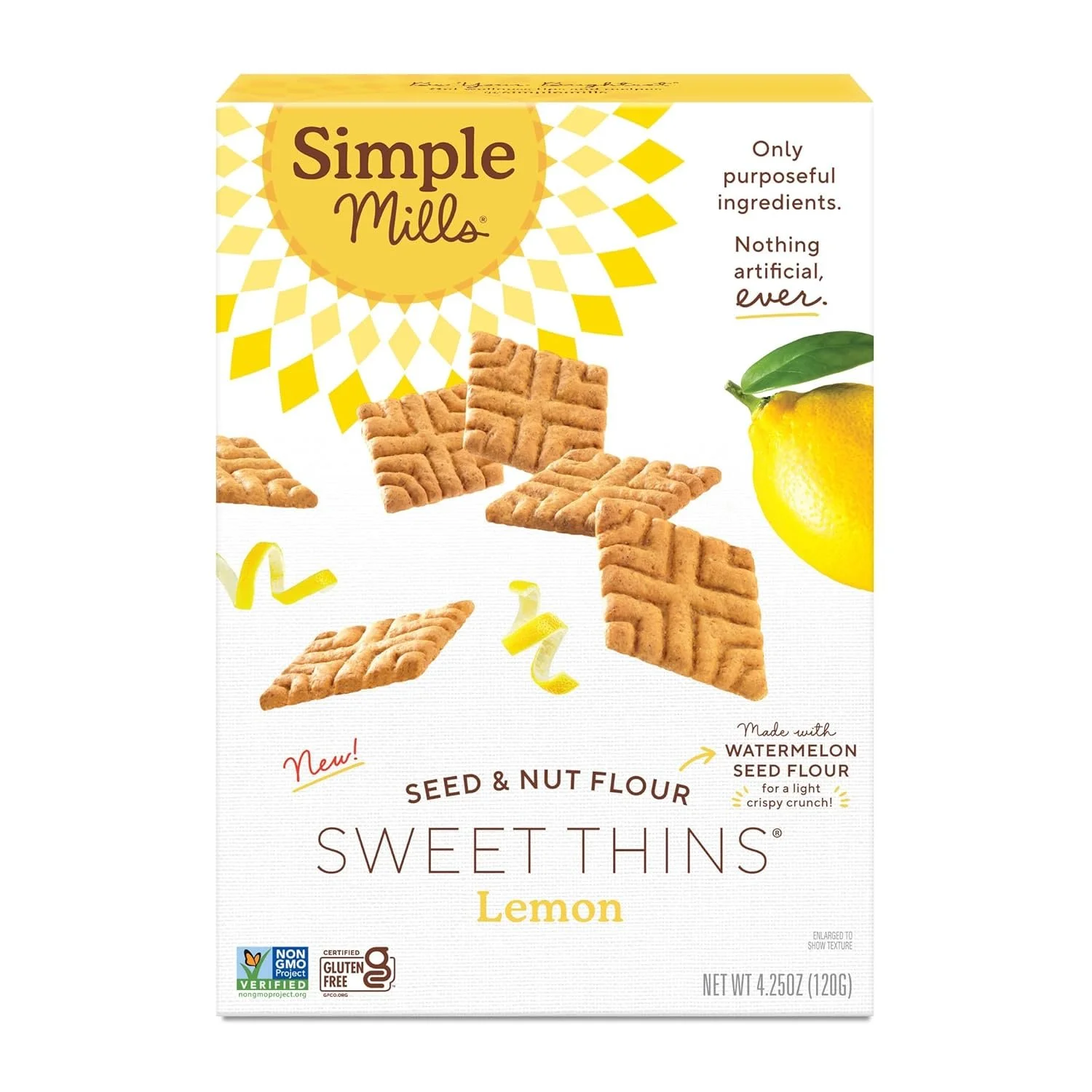 Box of Simple Mills Sweet Thins Lemon crackers made with seed and nut flour.
