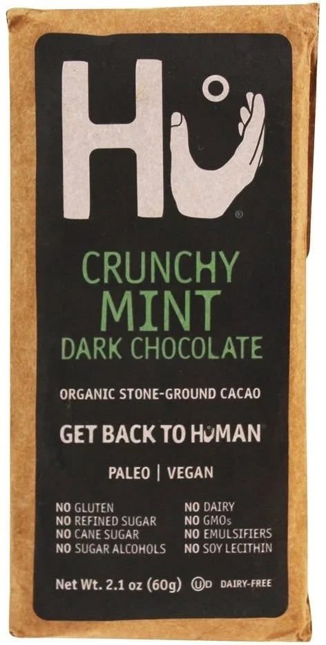 Bar of Hu Kitchen Crunchy Mint Dark Chocolate, paleo-friendly dark chocolate with mint flavor.