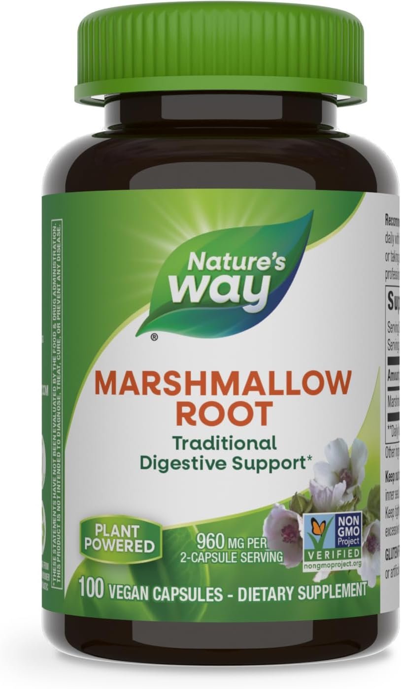 Bottle of Nature’s Way Marshmallow Root supplement for soothing digestive and gut support.