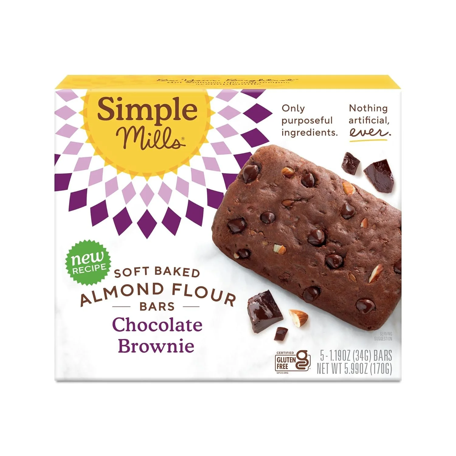 Box of Simple Mills Soft Baked Almond Flour Chocolate Brownie Bars, gluten-free and grain-free.