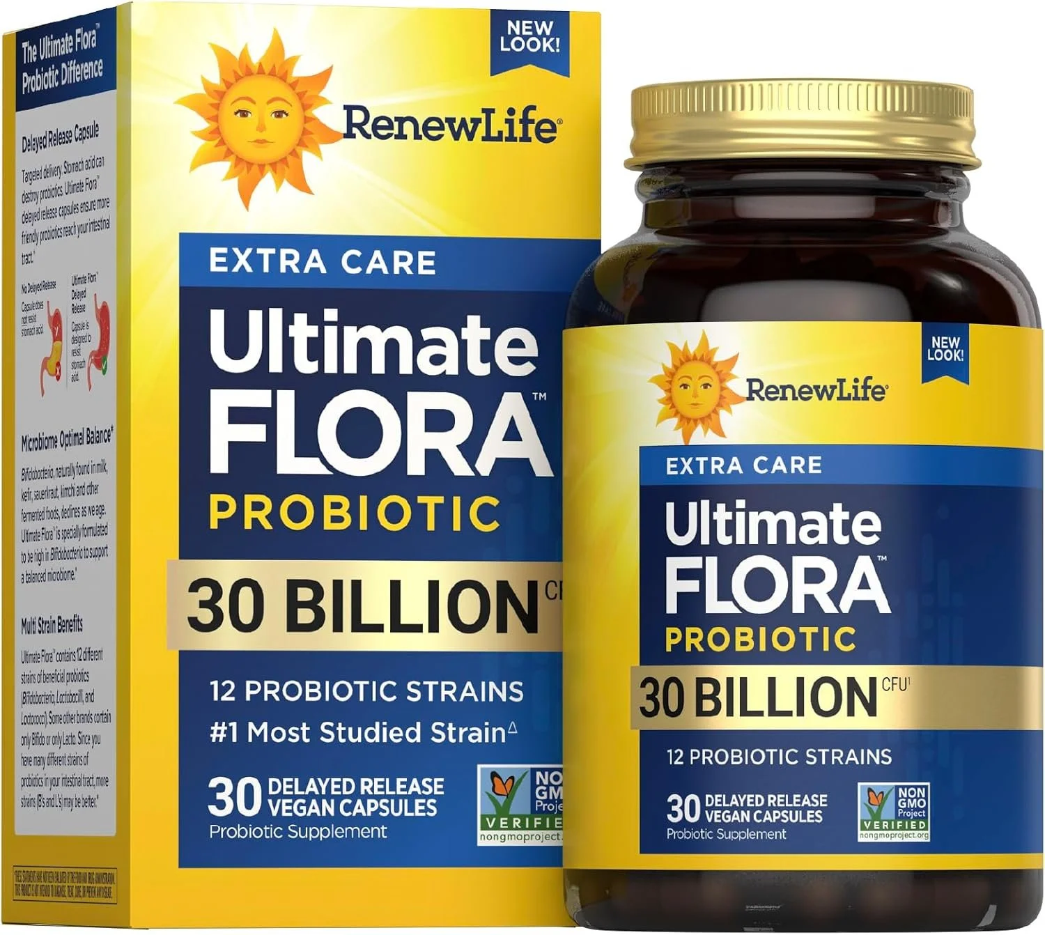 Bottle of Renew Life Ultimate Flora Digestive Probiotic, 30 billion CFU probiotic supplement.
