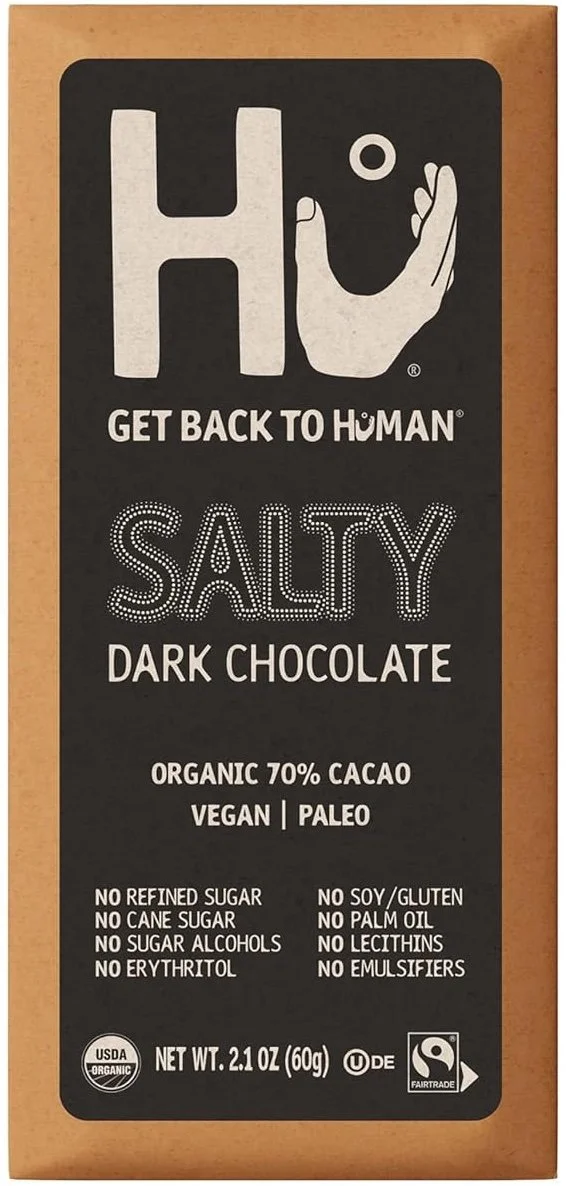 Bar of Hu Kitchen Salty Dark Chocolate, paleo-friendly dark chocolate with sea salt.