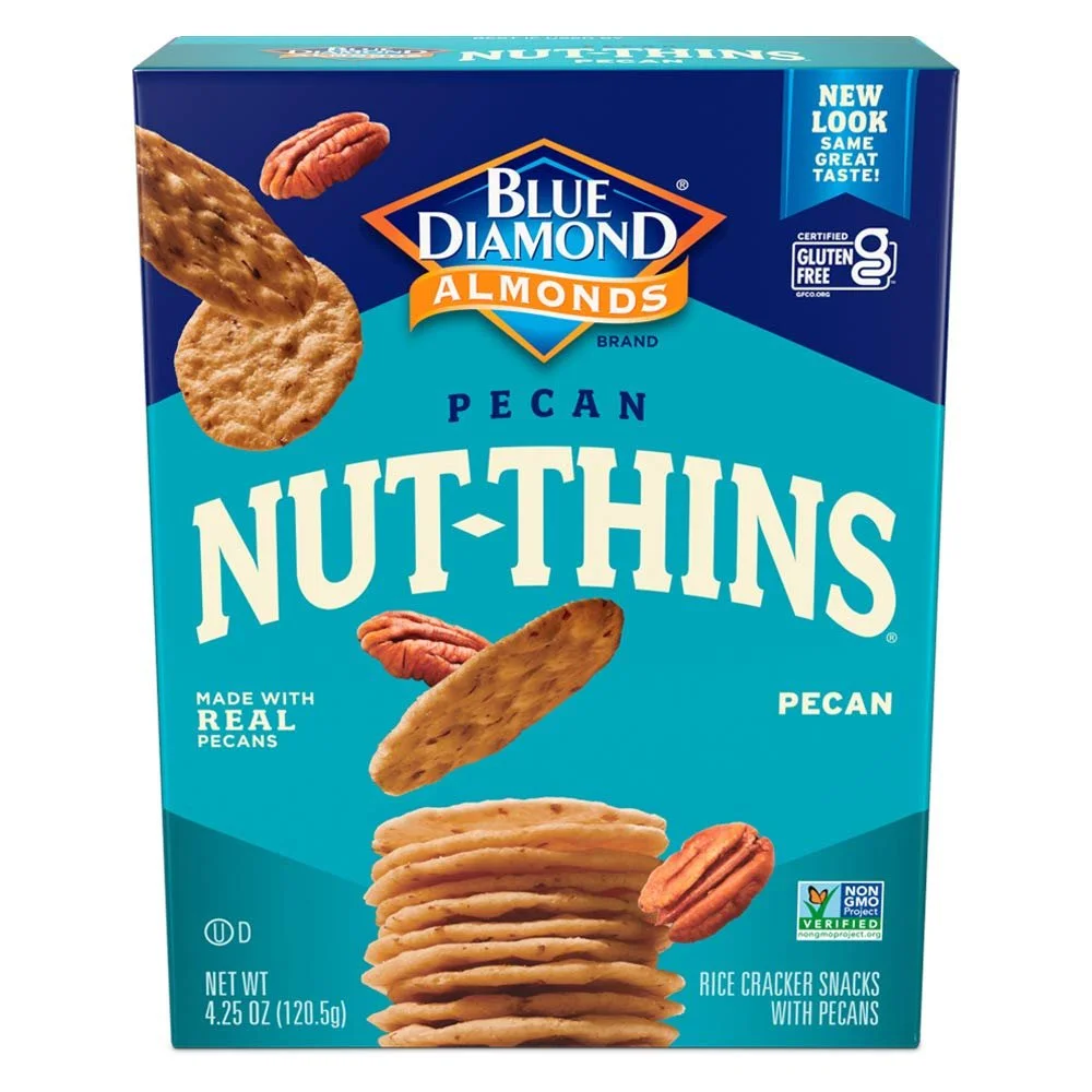 Box of Blue Diamond Pecan Nut-Thins crackers, gluten-free pecan and rice flour crackers.
