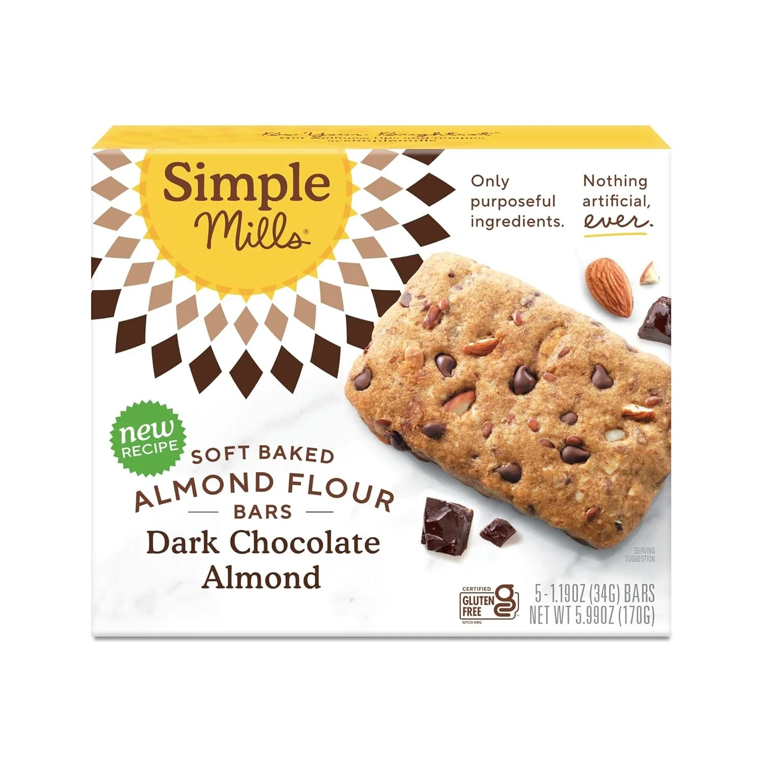 Box of Simple Mills Soft Baked Almond Flour Dark Chocolate Almond Bars, gluten-free.