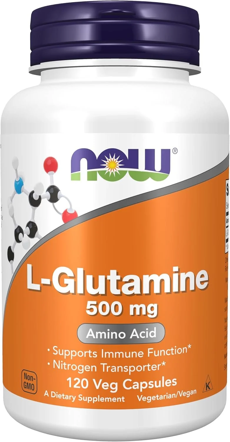 Bottle of NOW L-Glutamine 500 mg supplement supporting gut lining and intestinal health.