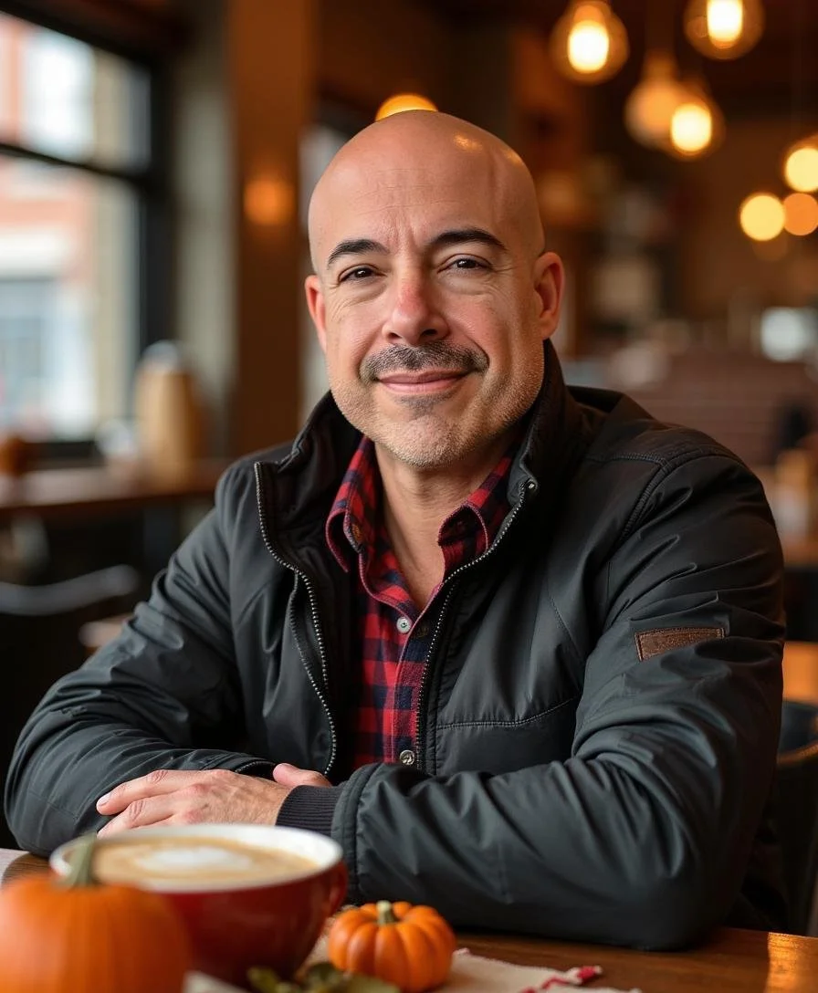 Founder of My Good Gut seated at a café, smiling thoughtfully with a cup of coffee, reflecting a personal journey toward better gut health.