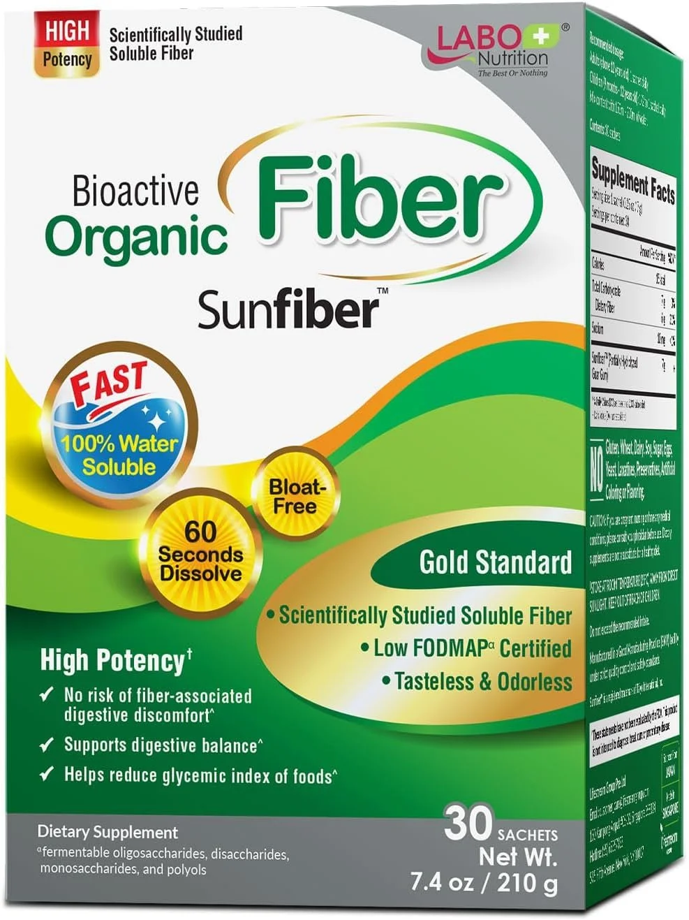 Box of LABO Nutrition Sunfiber Organic Prebiotic Fiber supplement for digestive regularity.