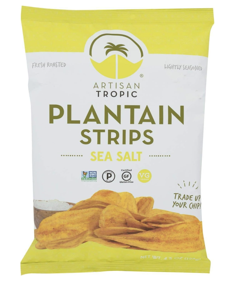 Bag of Artisan Tropic Plantain Chips Sea Salt, grain-free snack made from plantains.