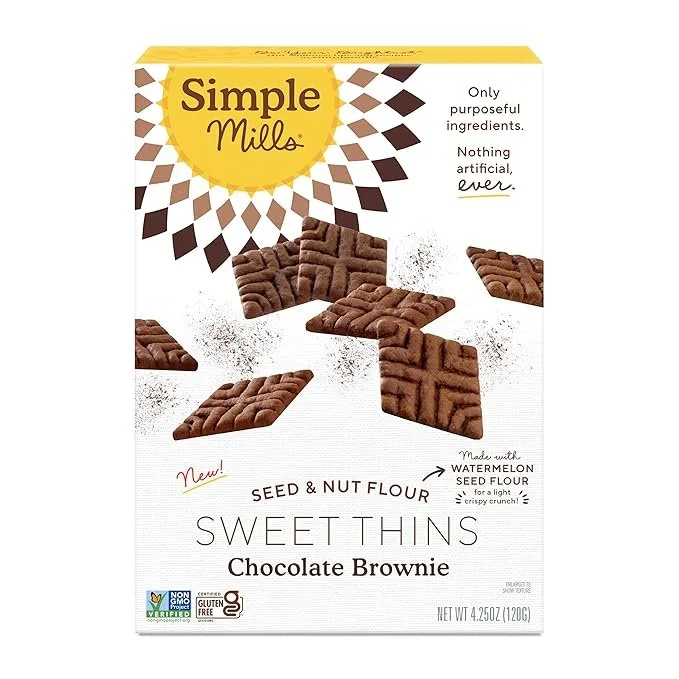 Box of Simple Mills Sweet Thins Chocolate Brownie crackers made with seed and nut flour.