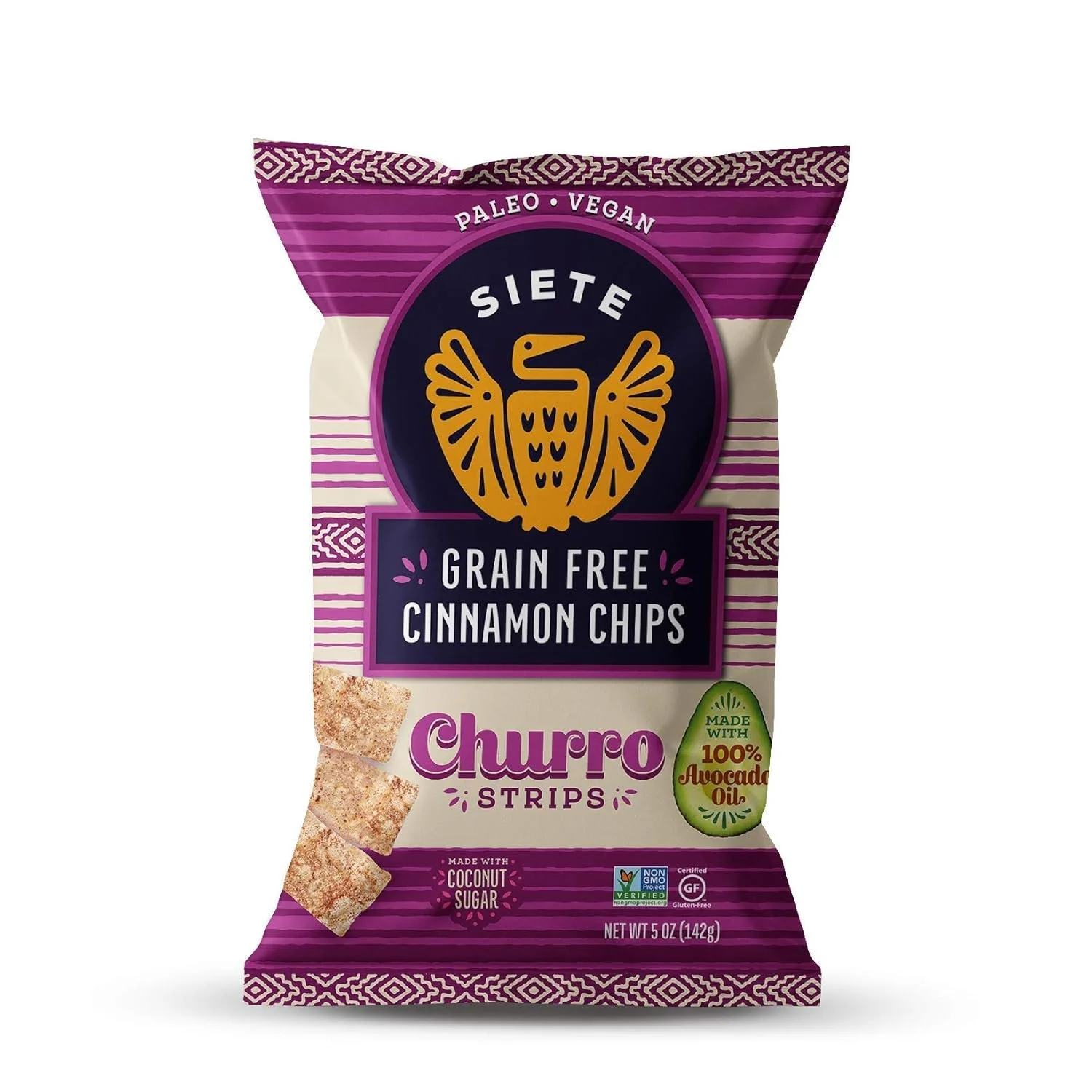 Bag of Siete Grain-Free Churro Strips, cinnamon-flavored paleo snack made with cassava flour.
