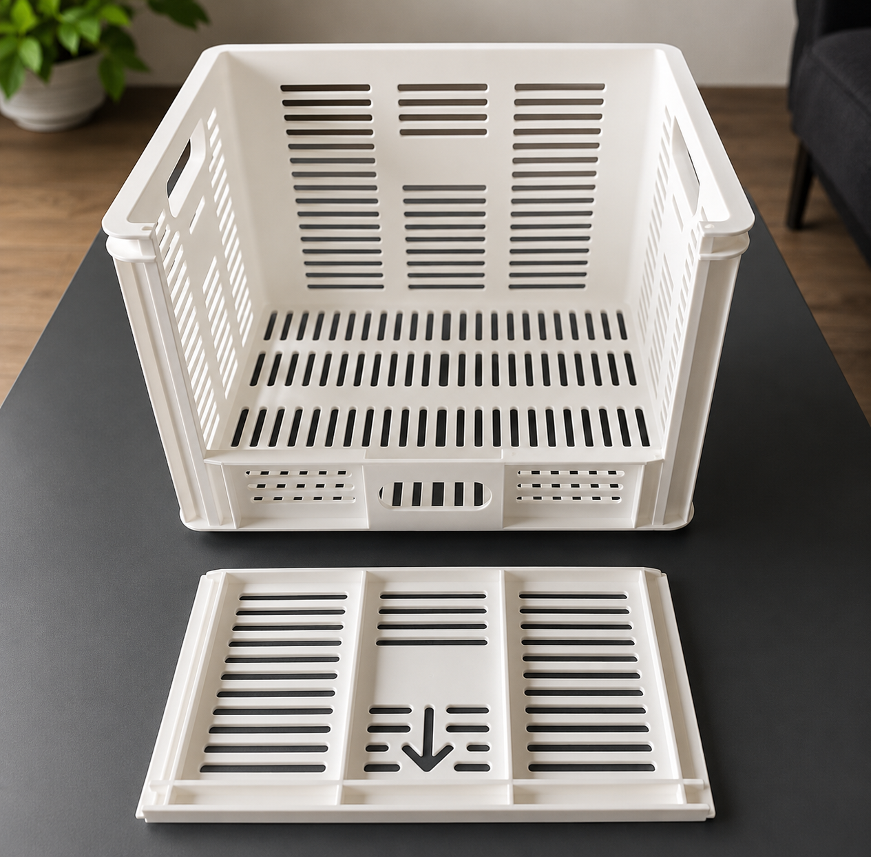 White plastic dish rack with a separate tray placed on a black table, with green plant and black furniture in the background.