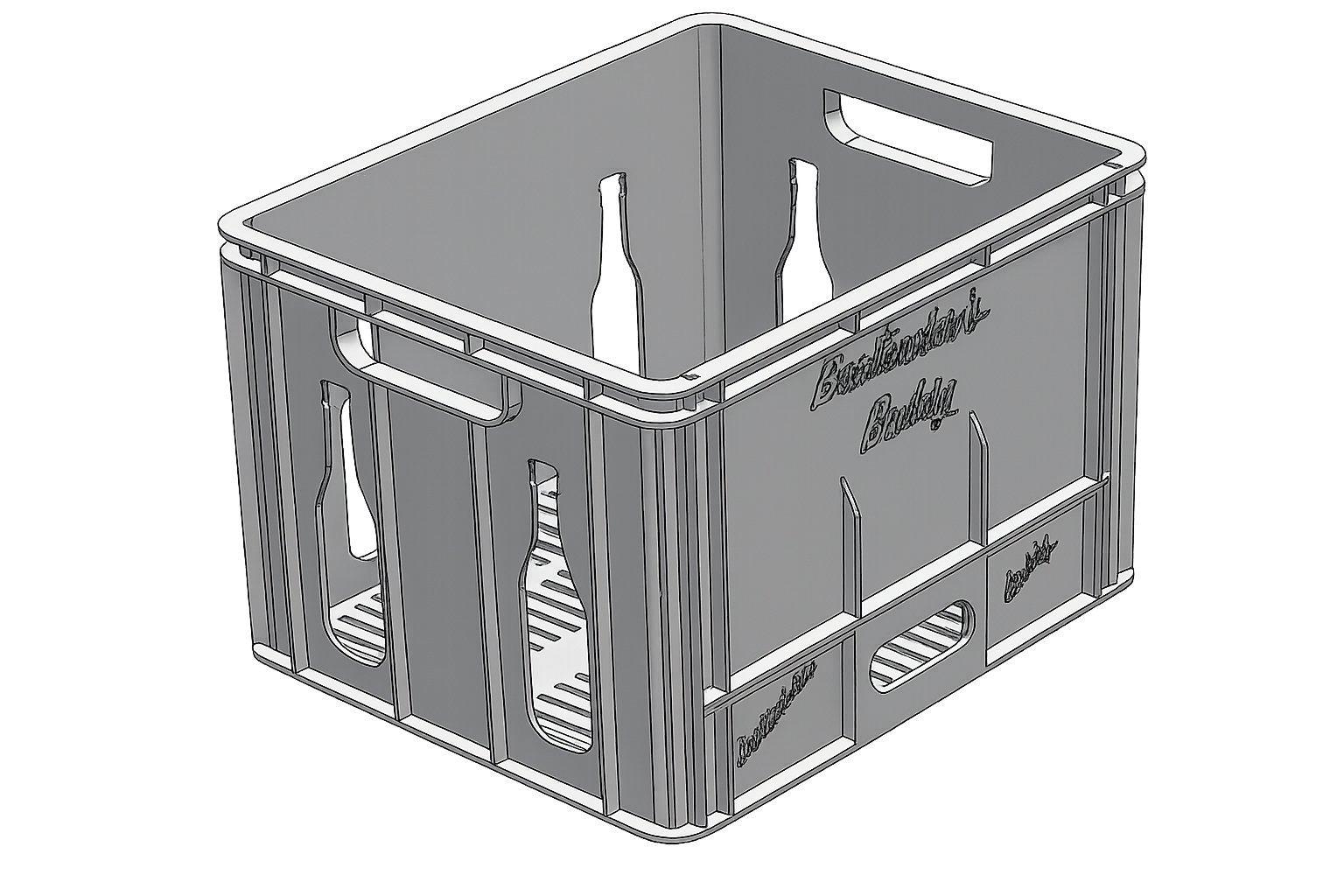A black-and-white illustration of a plastic crate with three bottles inside.