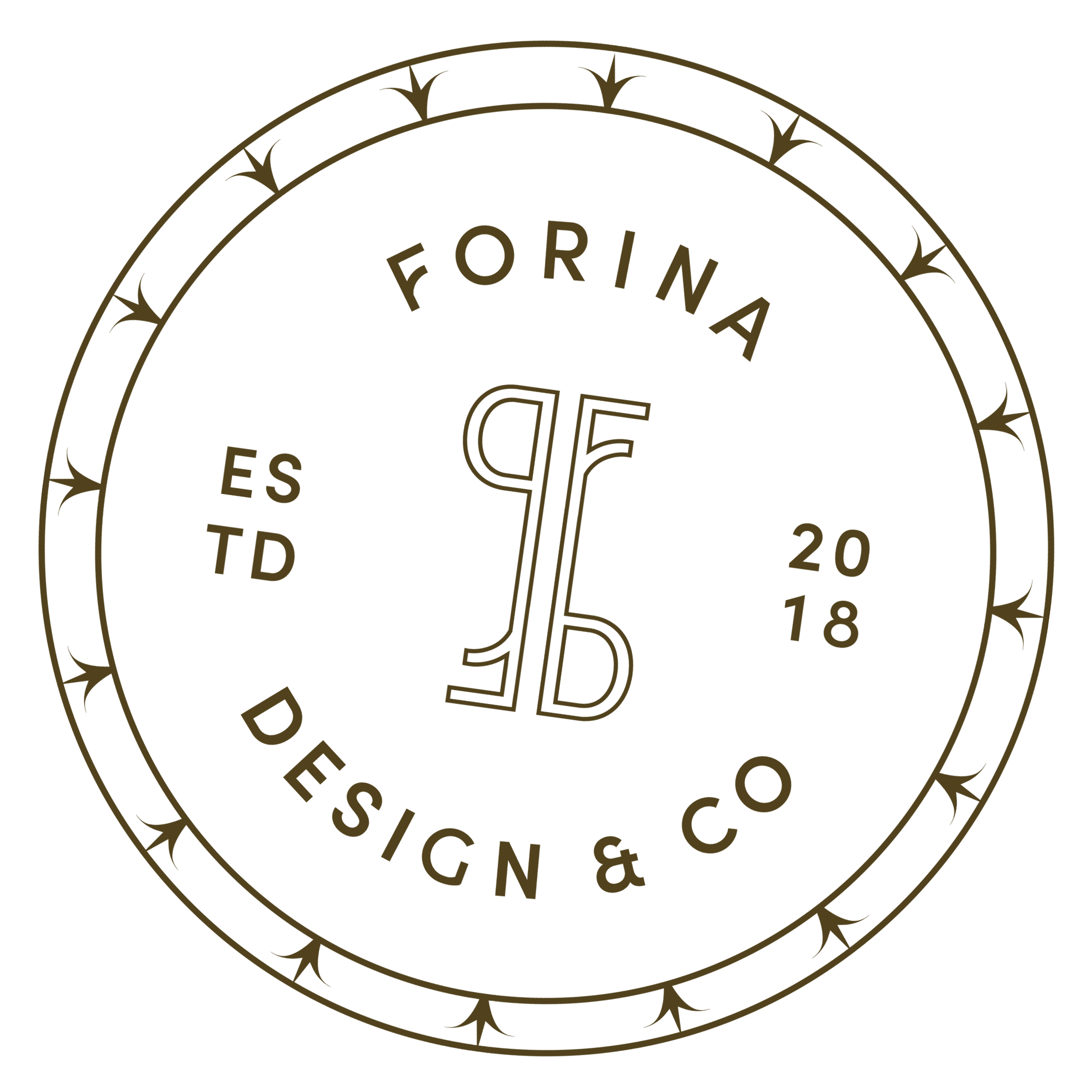 Circular logo with the words 'Forina', 'Design & Co', 'Established 2018' around the edge, and the initials 'F' and 'D' in the center.