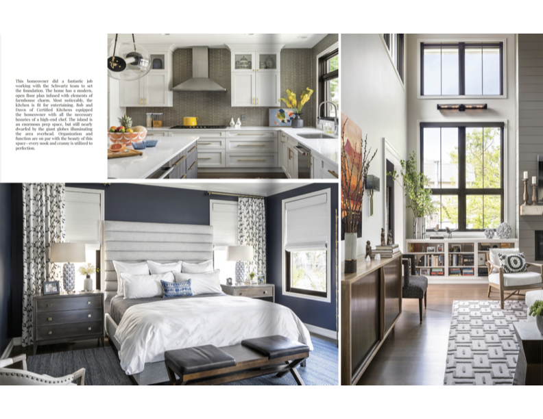 Collage of three interior home spaces: a modern kitchen with white cabinets and a gray backsplash, a bedroom with a navy blue accent wall and a large bed, and a bright living room with large windows, a fireplace, and contemporary furniture.