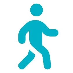 Blue walking figure icon on white background
