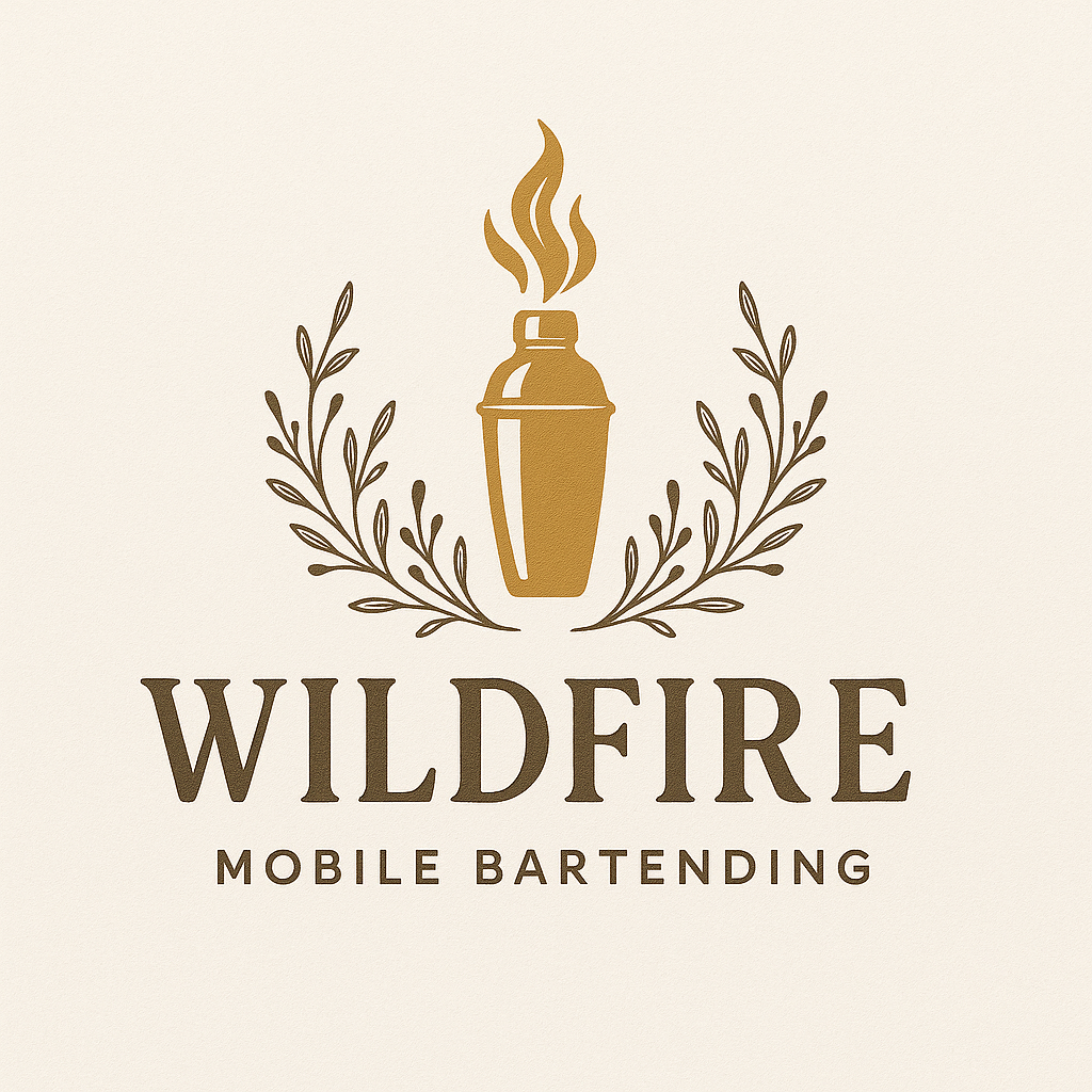 A logo for Wildfire Mobile Bartending featuring a stylized cocktail shaker with steam rising from it, flanked by decorative branches, and the text "WILDFIRE MOBILE BARTENDING" below.