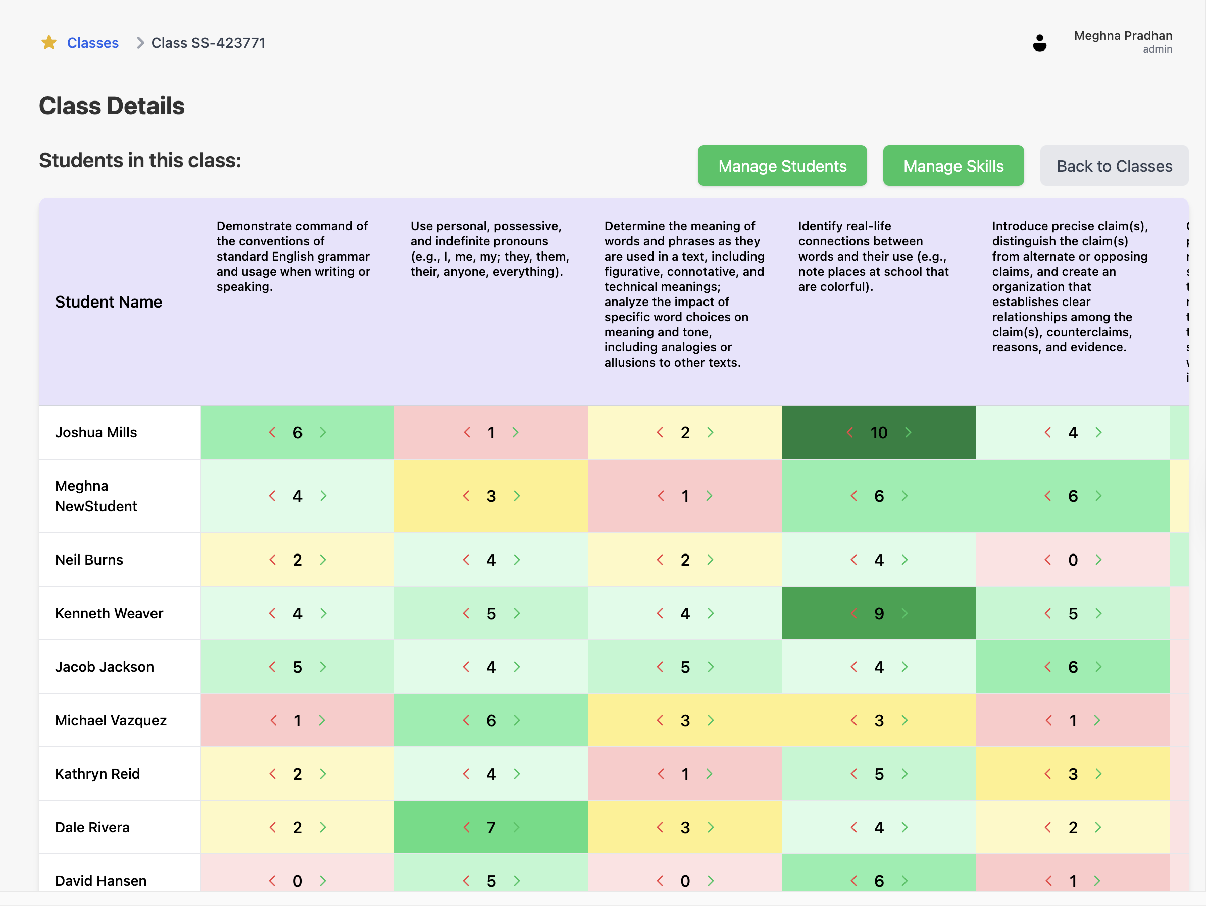Displays the Class Details Page, which includes a table where you can mark skill scores for students, includes buttons to edit students and skills for the class.