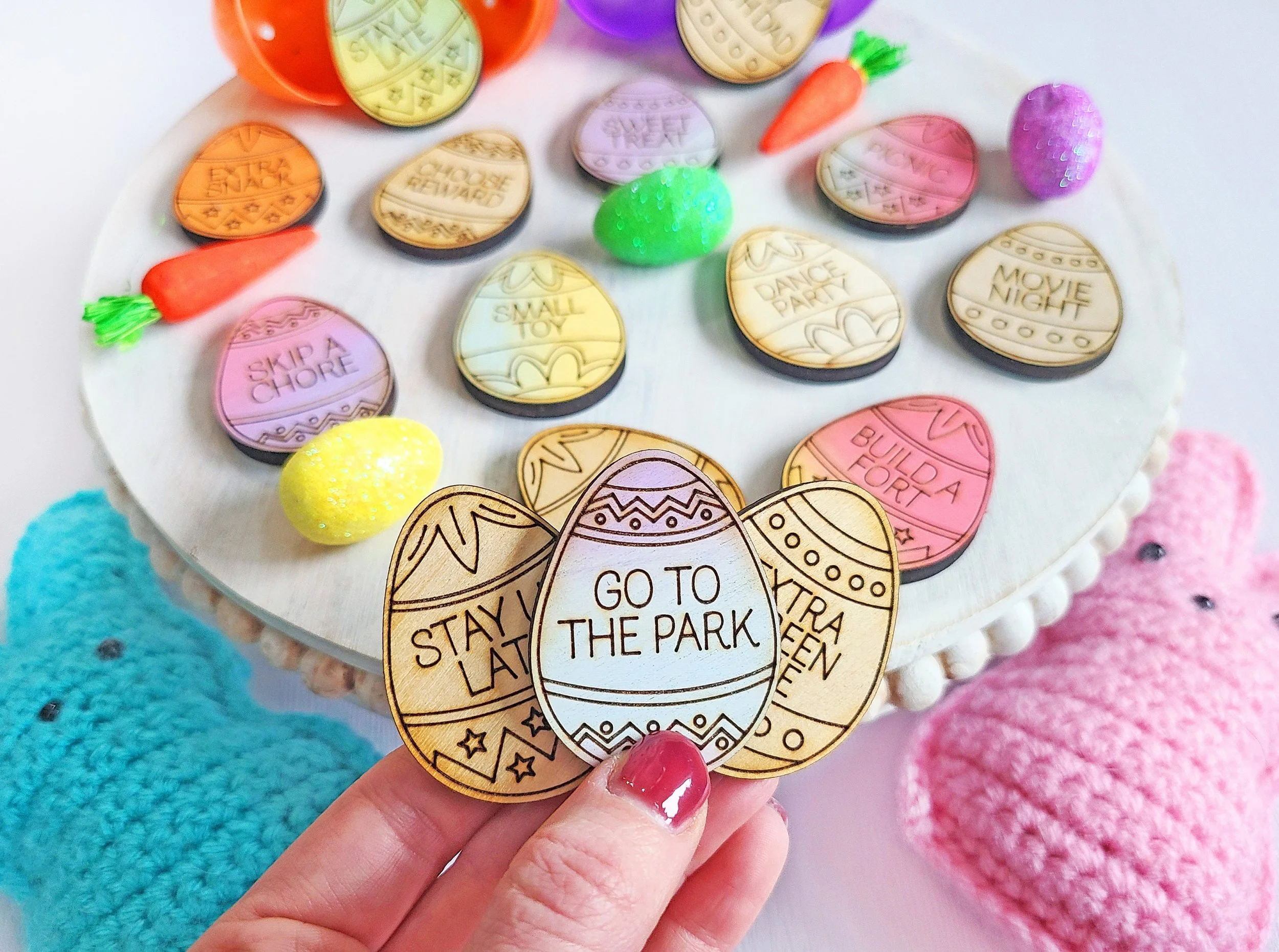 Wooden Easter Egg Reward Tokens, Kids Egg Hunt Prizes