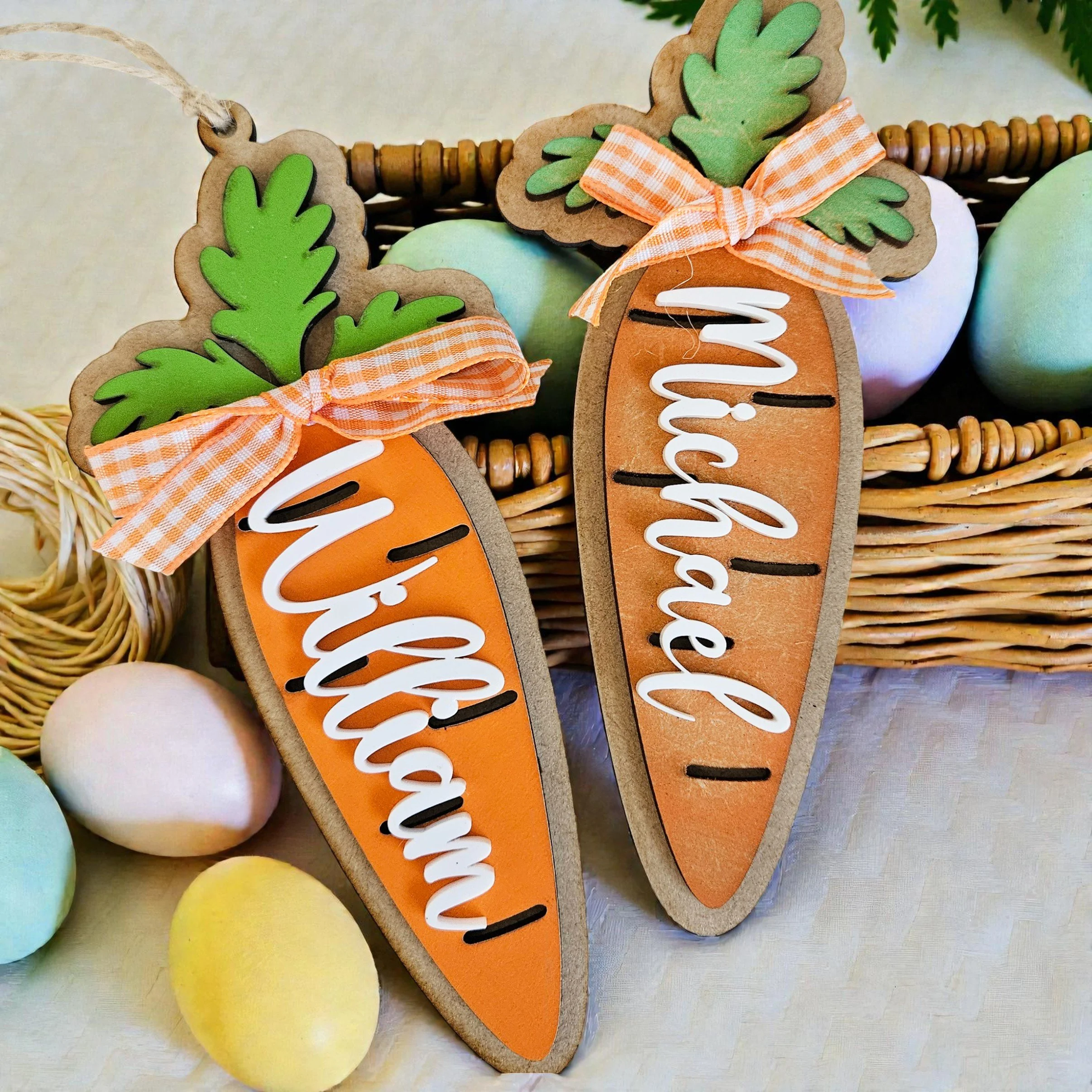 Personalized Kids Carrot Easter Basket Tag: Wooden Laser Cut Name Tag