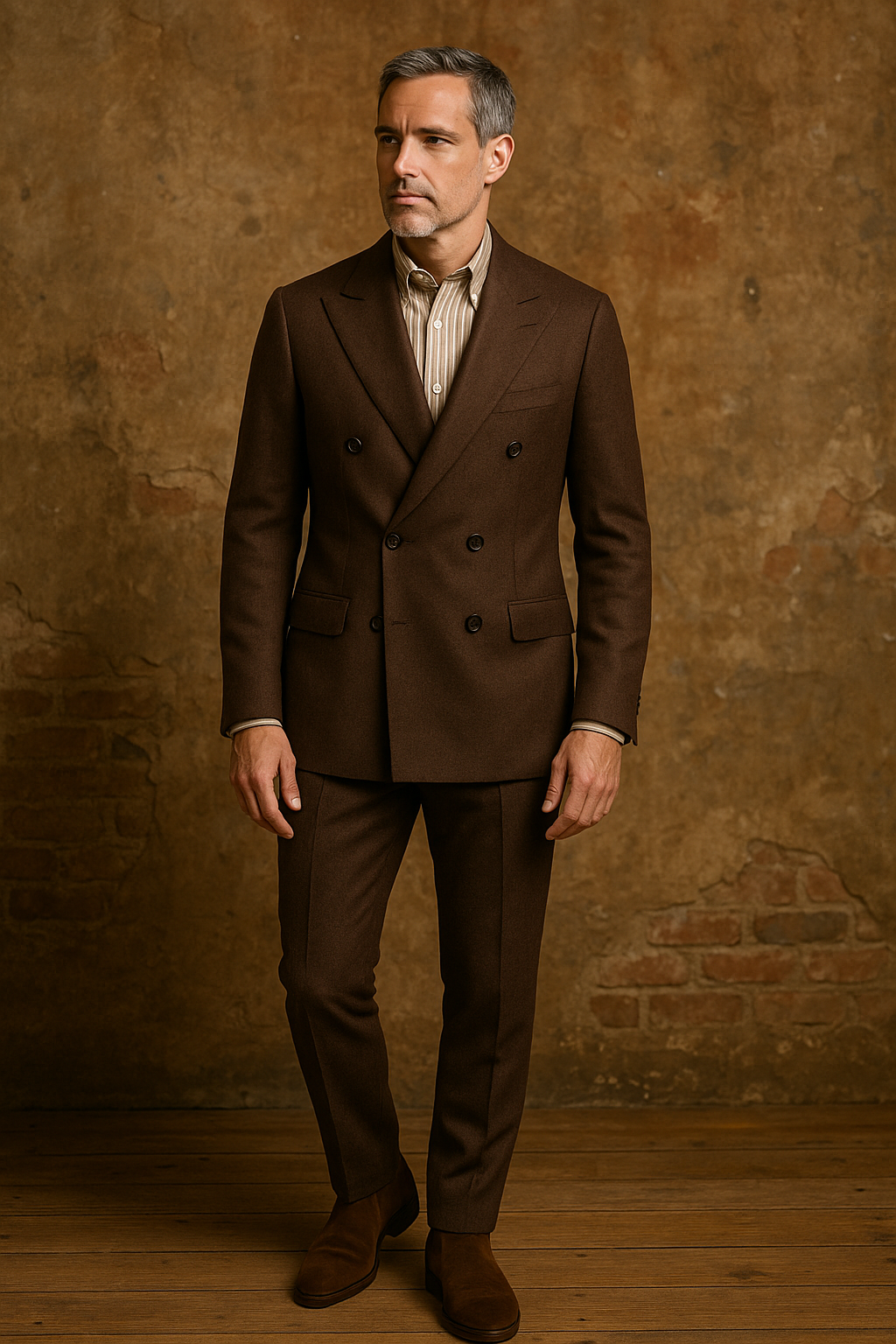 A man dressed in a brown, double-breasted suit with a beige striped dress shirt standing against a textured brown wall.