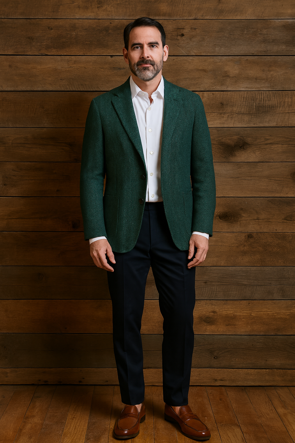 Man standing against wooden wall, wearing green blazer, white shirt, dark pants, and brown shoes.