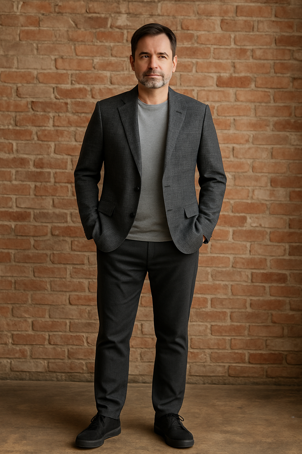 A man wearing a dark gray suit with a light gray T-shirt, standing with his hands in his pockets in front of a brick wall.