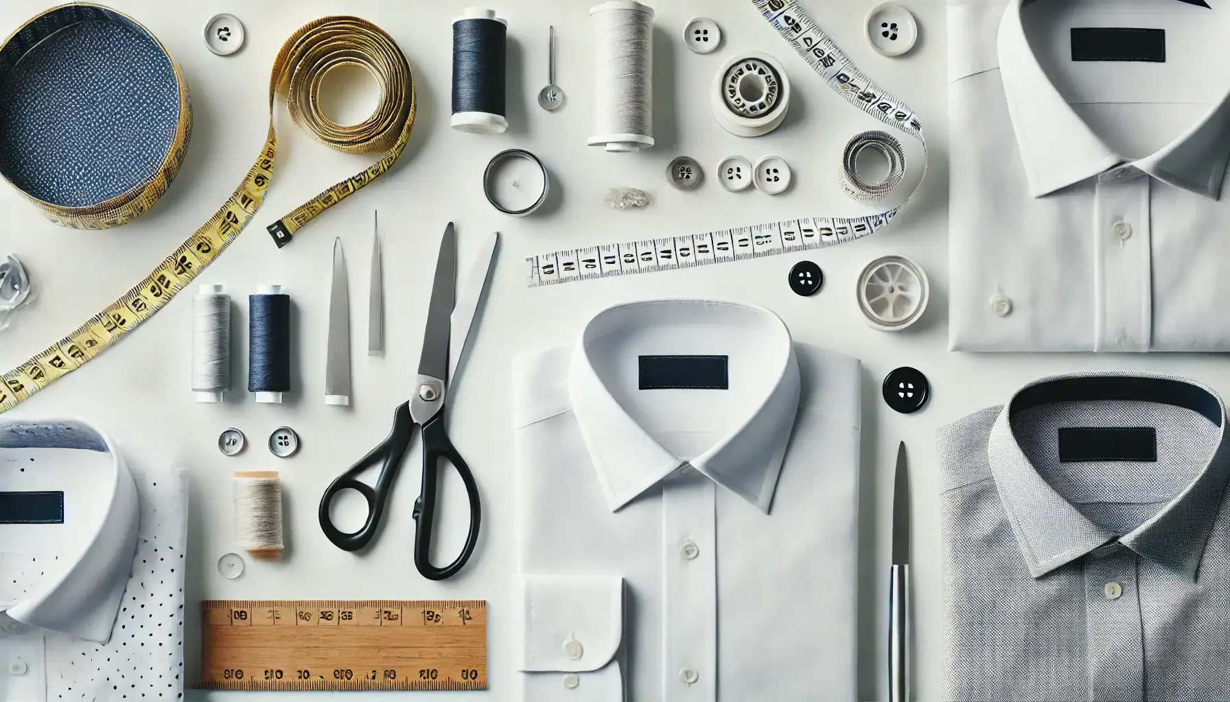 Flat lay of sewing and tailoring tools including spools of thread, scissors, buttons, measuring tape, a ruler, a pin cushion, and two shirts, all arranged on a white surface.