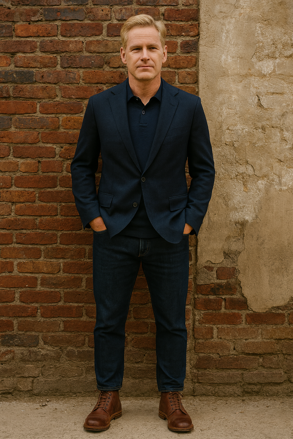 A man wearing a dark navy blazer and dark jeans stands with hands in pockets against a brick wall and partial concrete wall background.
