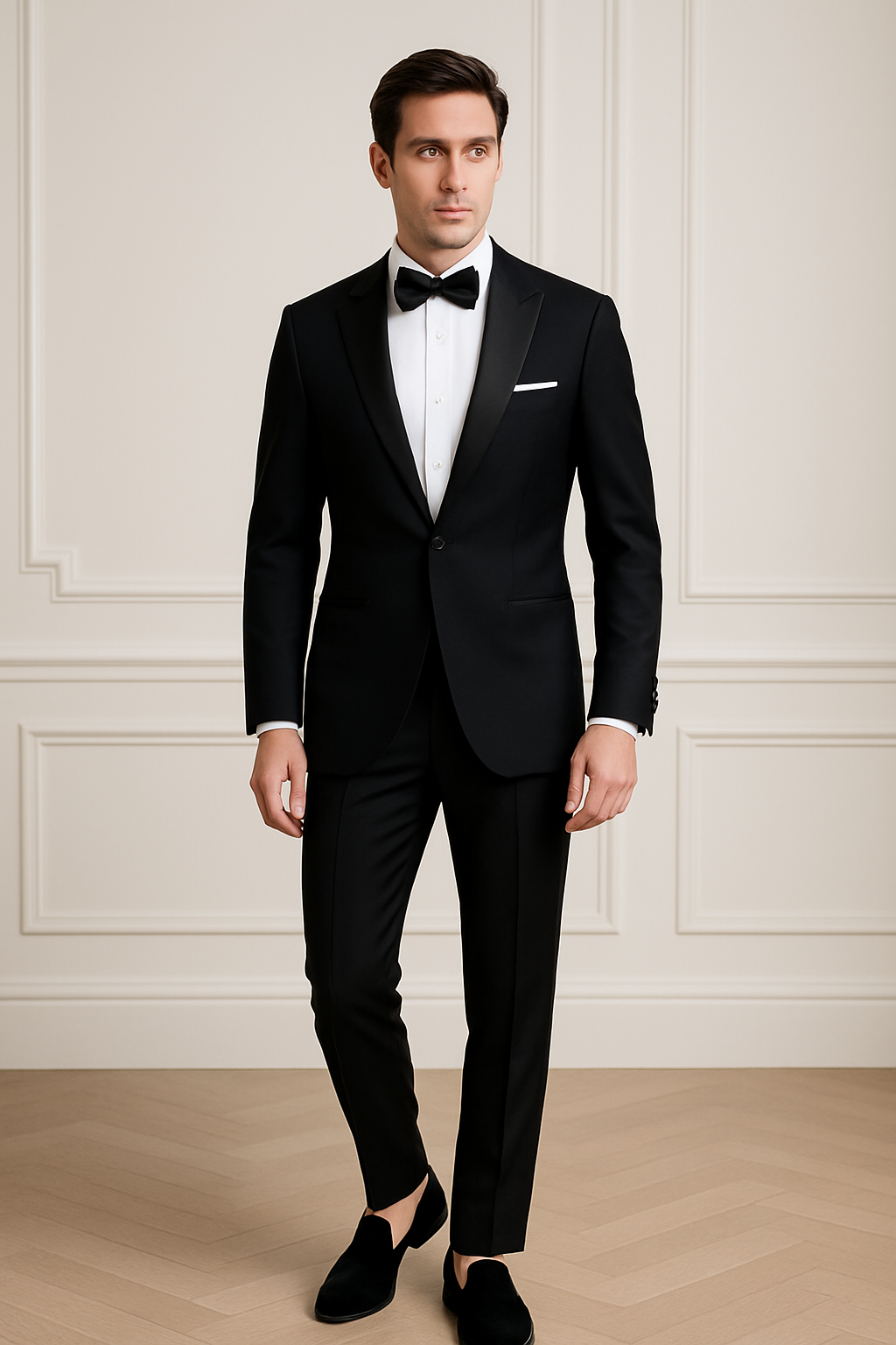 Man in a black tuxedo with bow tie, standing indoors in front of cream-colored paneled walls.